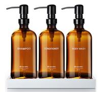 Casa Sofia Amber Glass Shampoo and Conditioner Dispenser Set - Refillable 16 OZ Bottles with Pump, Concrete Tray Included - Modern Bathroom Organization