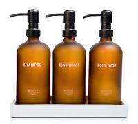 Casa Sofia Shampoo and Conditioner Dispenser (Set of 3,16oz) - Shower Soap Bottles, Refillable Body Wash Dispensers with Pump, Modern Frosted Amber Glass Guest Bathroom Decor Essentials Bottle & Tray