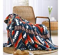 CASAAGUSTO Boho Sherpa Throw Blanket, Aztec Pattern, Ultra Soft, Warm, Cozy, Plush, Thick Fleece, Navy Blue, 50 * 60 Inch