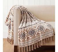CASAAGUSTO Boho Throw Blanket with Tassel, Farmhouse Western Flannel Bohemian Blanket, Vintage Native Mexican Decorative Throw, Ideal for Gifting (50x60 Inches, Brown White)
