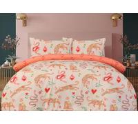 Casabella 4 Pc Luxury Single Duvet Cover Set - Printed Brushed Microfiber Reversible Single Duvet - Duvet Cover, Fitted Sheet & 2 Pillowcase - Soft & Durable Duvet Set - Floral Cats Peach Bedding Set