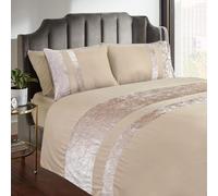 Casabella Luxury Crushed Velvet Panel Band Duvet Cover Sets with Pillow Case Double Bed Duvet Cover Bedding Set - Beige Crush Velvet Double Duvet Cover Sets