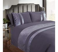 Casabella Luxury Crushed Velvet Panel Band Duvet Cover Sets with Pillow Case Double Duvet cover Bedding Set - Grey Crush Velvet Double Duvet Cover Sets