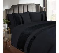 Casabella Luxury Crushed Velvet Panel Band Duvet Cover Sets with Pillow Case Double Duvet Cover Bedding Set - Black Crush Velvet Double Duvet Cover Sets