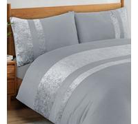 Casabella Luxury Crushed Velvet Panel Band Duvet Cover Sets with Pillow Case Double Duvet Cover Bedding Set - Silver Crush Velvet Double Duvet Cover Sets