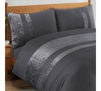Casabella Luxury Crushed Velvet Panel Band Duvet Cover Sets with Pillow Case Double Duvet cover Bedding Set - Grey Crush Velvet Double Duvet Cover Sets