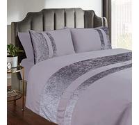 Casabella Luxury Crushed Velvet Panel Band Duvet Cover Sets with Pillow Case Super King Duve Cover Bedding Set - Silver Crush Velvet Super King Duvet Cover Sets