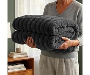 Casabella Throw Blanket - Ribbed Fleece Blanket - Soft Fluffy, Warm & Cosy Sofa Throw - Large Fleece Blanket for Sofa Bed, Couch, Bedding - King Size 200x240 - Black