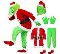 CASACLAUSI Adult Green Monster Costume Christmas Santa Claus Furry Outfits with Mask Deluxe Xmas Fancy Cosplay Halloween Suit