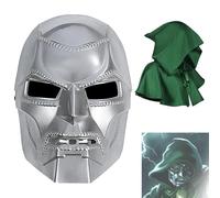 CASACLAUSI Dr Doom Mask with Cloak Super Villain Slayer Victor Helmet Silver Doom Carnival Halloween Costume Cosplay Props