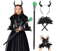CASACLAUSI Evil Witch Costume Kids Accessories Gothic Devil Black Queen Horns Hairband Scarf Wand Gloves Cosplay Halloween Props