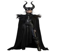 CASACLAUSI Evil Witch Costume Women Gothic Devil Black Queen Cloak with Horns Feather Scarf Wand Halloween Cosplay Fancy Dress