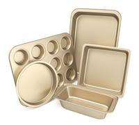 CasaCulina Baking Pans Set, 5-Piece Nonstick Bakeware Sets with Round/Square Cake Pan, Muffin Pan, Loaf Pan, Roast Pan, Baking Sheets for Oven, Kitchen Cookware Sets Baking Tray Baking Supplies,Gold