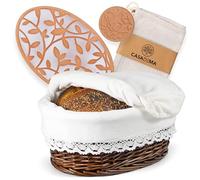 CASADEMA Bread Warmer Basket with Warming Stone (Large Oval 12 x 9) - Bundled w/Linen Bread Bag & Bread/Sugar Saver - Bread Baskets for Serving with liner and lid - Bread Serving Basket for Table