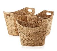 Casafield Set of 3 Stackable Oval Laundry Baskets with Handles - Natural, Woven Water Hyacinth Storage Totes for Throw Blankets, Bathroom, Bedroom, Living Room