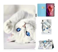 CASAFUNY Case for Lenovo Tab P12 12.7 Inch 2023 with Pen Holder, PU Leather Tablet Protective Case Stand Folio Cover with Auto Sleep/Wake Function, White Cat