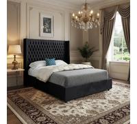 Casani Tibenham Straight Winged Black Soft Velvet Designer Bed Frame | Size: Small Double Casani Black Small Double