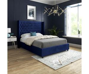 Casani Volta Straight Winged Upholstered Soft Velvet Bed Frame in Blue | Size: Double Casani Blue Double