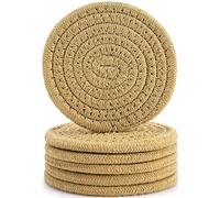 Casaphoria 6Pcs Coasters for Drinks,Stylish Handmade Braided Woven Drink (4.3inch), 100percent Cotton Super Absorbent Heat-Resistant Round Coasters, Great Housewarming Gift - Brown, MB2021032