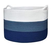 Casaphoria Stuffed Animal Storage, Woven Storage Basket, Laundry Hamper,Laundry Basket, 21.7*21.7*13.8in Clothes Basket, Cotton Rope Basket, Blanket Basket Living Room (White&Cadet Blue& Navy Blue)