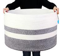 Casaphoria XXXLarge Cotton Rope Basket for Living Room - Woven Storage Basket with Handle for Blankets, Towels and Pillows Laundry Hamper | White and Grey (22" x 22" x 14")