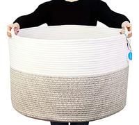 Casaphoria XXXLarge Cotton Rope Basket for Living Room - Woven Storage Basket with Handle for Blankets, Towels and Pillows Laundry Hamper | White and Brown (22" x 22" x 14")