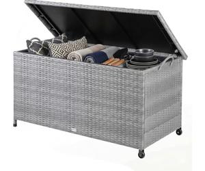 CASARIA® 270 Litre Polyrattan Garden Storage Box with Wheels | Waterproof UV Resistant | Inner Lining | 117x53x60cm Patio Furniture Cushion Chest with Gas Pressure Lift Lid | Grey