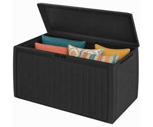 CASARIA® 290L Garden Storage Box, Plastic Outdoor Tool Chest, Grey | Lockable Weatherproof Wood Effect Parcel Box On Wheels. Heavy-Duty Log Store Cover For Garden Patio. Dimensions 117x47x60cm.