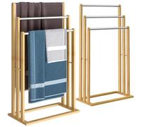 CASARIA® 2x 3 Tier Freestanding Bamboo Towel Rack with Stainless Steel Rails | 84x46x21cm | Bathroom Towel Bar Stand & Clothes Drying Airer | Modern Sturdy Organiser | No Drilling