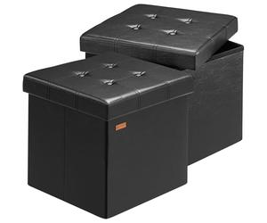 CASARIA® 2x 38cm Square Foldable Stool with Storage Space | Faux Leather with Removable Padded Lid | 38x38cm Ottoman | 40 Litre Capacity Chest | Shoe Accessory Store Box | Set of 2 | Black