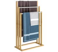 CASARIA 3 Tier Freestanding Bamboo Towel Rack with Steel Rails 84x46x21 cm | Modern Sturdy Towel Bar Stand and Clothes Drying Airer No Drilling Required for Bathroom Bedroom Laundry Room and Indoor Use