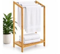 CASARIA 3 Tier Freestanding Bamboo Towel Rack with Steel Rails 85x51x31 cm | Stainless Steel Rails and Storage Shelf Towel Bar Stand and Clothes Airer No Drilling for Bathroom Bedroom and Laundry Room