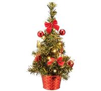 CASARIA® 36cm Prelit Mini Artificial Christmas Tree with LED Lights and Decorations | Small Battery Powered Pre-Lit Office Desk Top PVC Xmas Tree | Baubles Decorated | Green & Red