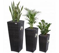 CASARIA® 3x Rattan Plant Pots | Black Flower Box Set | Water Drainage with Lock | Wicker Look Indoor Outdoor Flower Boxes | Entrance Decoration