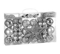 CASARIA 66 Piece Silver Christmas Tree Baubles Star Topper and Garland Set | Festive Hanging Ornaments with Stars Tinsel Bead Garland and Baubles for Christmas Trees Wreaths Parties and Home Displays
