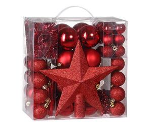CASARIA® 77 Piece Christmas Tree Baubles Set | Xmas Christmas Decorations | Hanging Stars & Baubles | Star Topper, Tinsel, Bead Christmas Garland | Home Decoration Christmas Decorations UK | Red