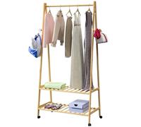 CASARIA® Bamboo Coat Rack with Shelves and Castors | 155x70x45cm | Clothes Rail and 2x Wooden Shoe Racks | Includes 4 Hooks Wood | Stable Narrow Hallway Coat-Rack | Natural Brown Finish