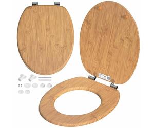 CASARIA Bamboo Effect Soft Close Toilet Seat MDF Wood Core D Shape 175 kg | Double Soft Close Lid with Hygienic Stainless Steel Hinges for Standard D Shape Toilets and Wooden Bathroom Seat Replacement
