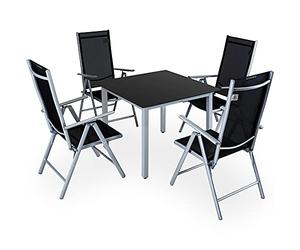 CASARIA® Bern 4+1 Garden Dining Furniture Set | 4x 8 Way Adjustable High Back Folding Chairs | Table 90x90cm Aluminium 5mm Black Safety Glass | Weatherproof Patio Balcony Deck Seating | Silver