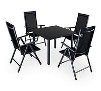 CASARIA® Bern 4+1 Garden Dining Furniture Set | 4x 8 Way Adjustable High Back Folding Chairs | Table 90x90cm Aluminium 5mm Black Safety Glass | Weatherproof Patio Balcony Deck Seating | Anthracite