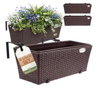 CASARIA® Flower Boxes Set of 4 Rattan Balcony Planters, Brown, 60x20x19cm | Weatherproof Poly Rattan Hanging Hangable Brackets Floating Windowsill Railing Gate Fence Plant Pot Holder 11L Garden