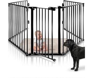 CASARIA® Metal Fire Guard, Foldable Fireplace Safety Gate Baby & Dog, Black | 5 Section Steel Fire Place Barrier Guard With Safety Door Lock For Kids Stove. Protective Plastic Joint Enclosure 306x77cm.