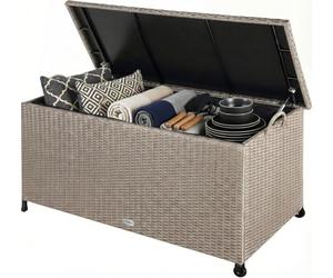 CASARIA® Rattan Garden Storage Box 270L, with Wheels & Carry Handles | Waterproof & UV Resistant, Inner Lining, Pneumatic Gas Pressure Lifting Lid Struts, Outdoor Chest, 117x53x60cm, Cream