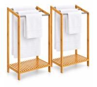 CASARIA Set of 2 Bamboo 3 Tier Towel Racks with Steel Rails 85x51x31 cm | Freestanding Bathroom Towel Stands with Storage Shelves and Clothes Drying Rails No Drilling for Bedroom Laundry Room Use
