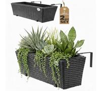 CASARIA® Set of 2 Flower Boxes | Weatherproof Rattan | Hangable with Mounting Brackets | Floating Planters Balcony | Windowsill | Railing | Gate | Fence | 60x20x19cm | 11 L | Black