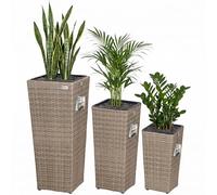 CASARIA® 3x Rattan Plant Pots | Cream Flower Box Set | Water Drainage with Lock | Wicker Look Indoor Outdoor Flower Boxes | Entrance Decoration