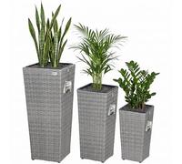 CASARIA® Set of 3 Rattan Plant Pots & Flower Boxes Water Drainage, Grey | Water Drainage With Lock Wicker Look Indoor Outdoor Flower Boxes Entrance Decoration Garden Patio Planter Pot Set