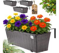 CASARIA® Set of 4 Flower Boxes | Weatherproof Rattan | Hangable with Mounting Brackets | Floating Planters Balcony | Windowsill | Railing | Gate | Fence | 60x20x19cm | 11 L | Brown