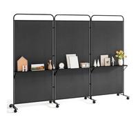 CASART 3-Panel Room Divider with Storage Shelves, 188cm Tall Folding Privacy Screen on Wheels, Rolling Room Partition Freestanding Separator for Home, Office (Black)