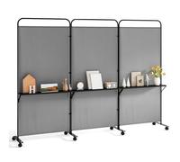 CASART 3-Panel Room Divider with Storage Shelves, 188cm Tall Folding Privacy Screen on Wheels, Rolling Room Partition Freestanding Separator for Home, Office (Grey)